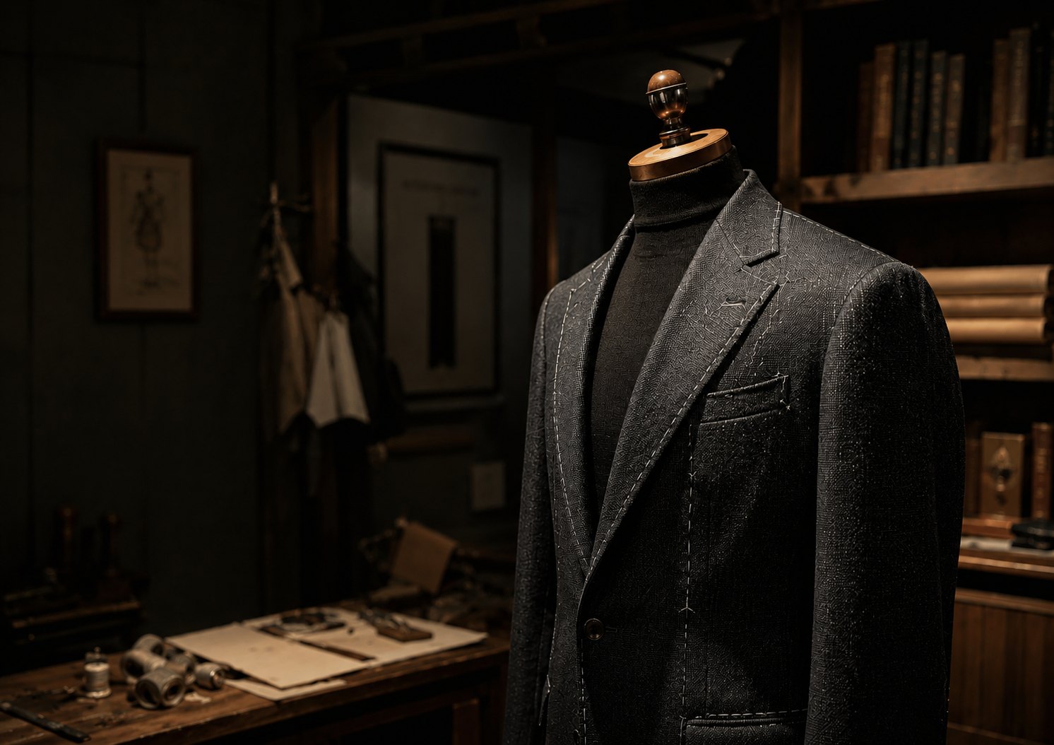 A hand-basted House Of ARBS jacket on a tailor's bust, mid-construction in the workshop.