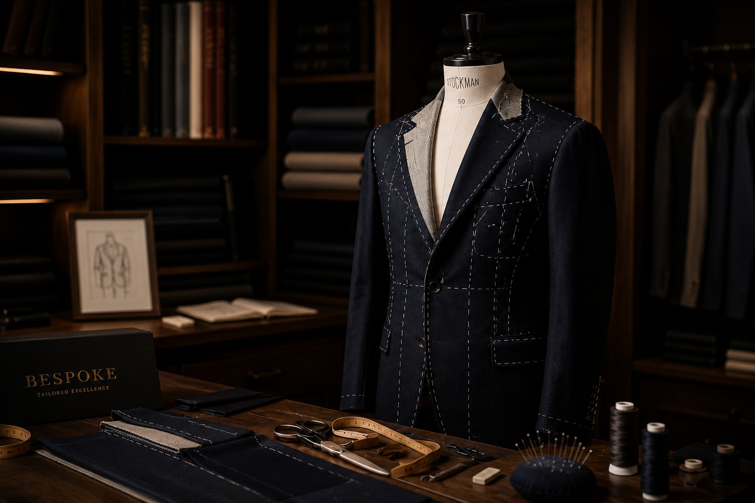 A hand-basted bespoke jacket on a tailor's bust surrounded by cutting tools.