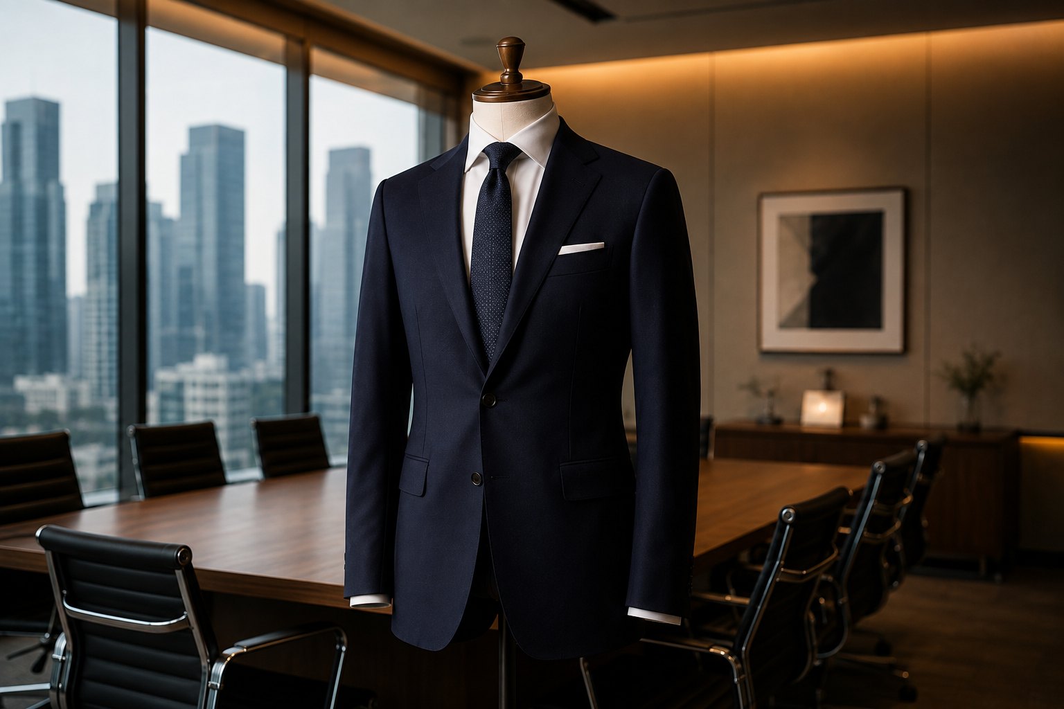 A navy corporate blazer on a bust in a boardroom overlooking a city skyline.