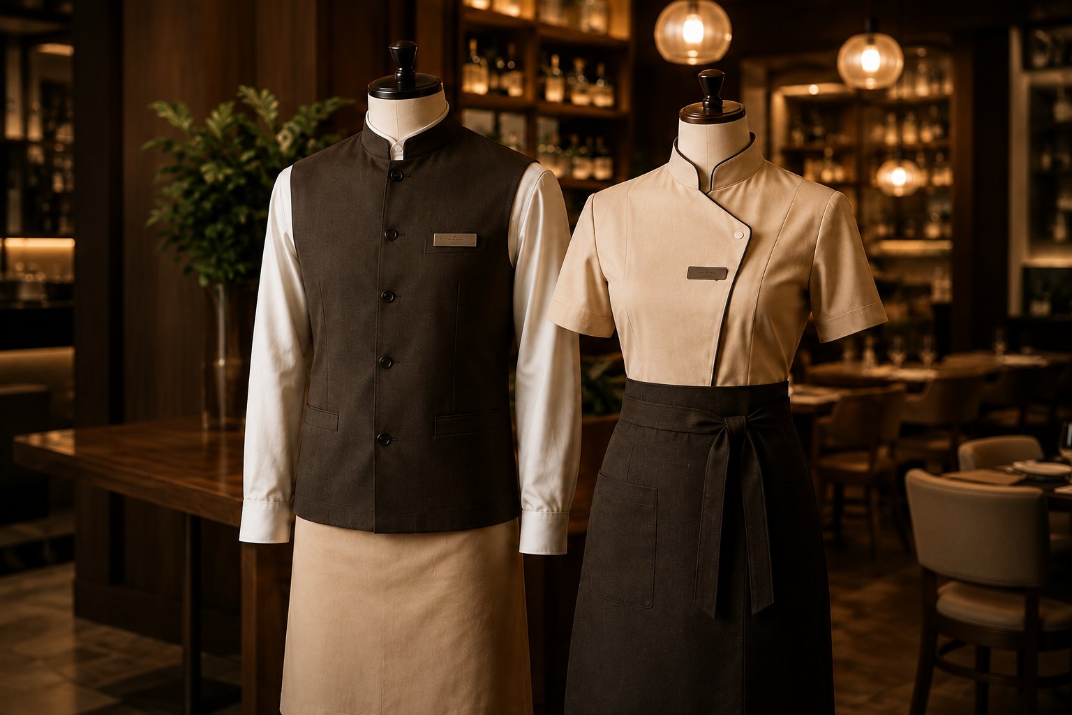 Front-of-house waistcoat and chef-collar uniforms on busts in a restaurant.